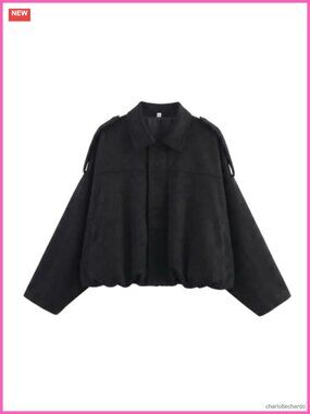 Faux Suede Bomber Jacket Oversized Cropped Batwing Fall Winter Coat